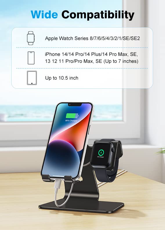 OMOTON Stand for Apple Watch - 2 in 1 Universal Desktop Stand Holder (Not Include Charger) for All iPhone 16 15 14 13 12 and Apple Watch Series 9/8/SE2/7/6/SE/5/4/3/2 (Both 38/40/41/42/44/45mm)-Black