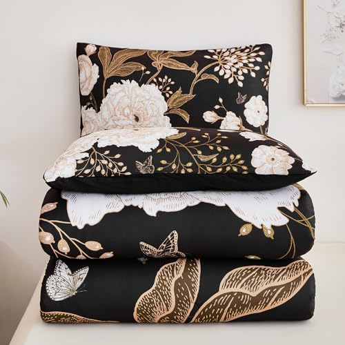 ANGIYUIN Black Floral Full Size Comforter Set White Flowers Bedding Set 3 Pcs Gold Leaves Butterfly Botanical Bedding Comforter Set Soft Farmhouse Bed Sets for Women Men