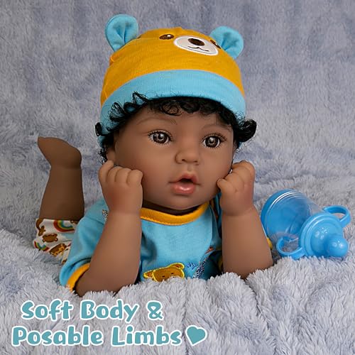 EKOKIZ Lifelike Reborn Baby Doll 18-Inch American African Baby Boy Newborn Baby Doll Soft Cloth Body Real Life Baby Dolls for Kids 3+, Complete with Clothes and Toy Accessories