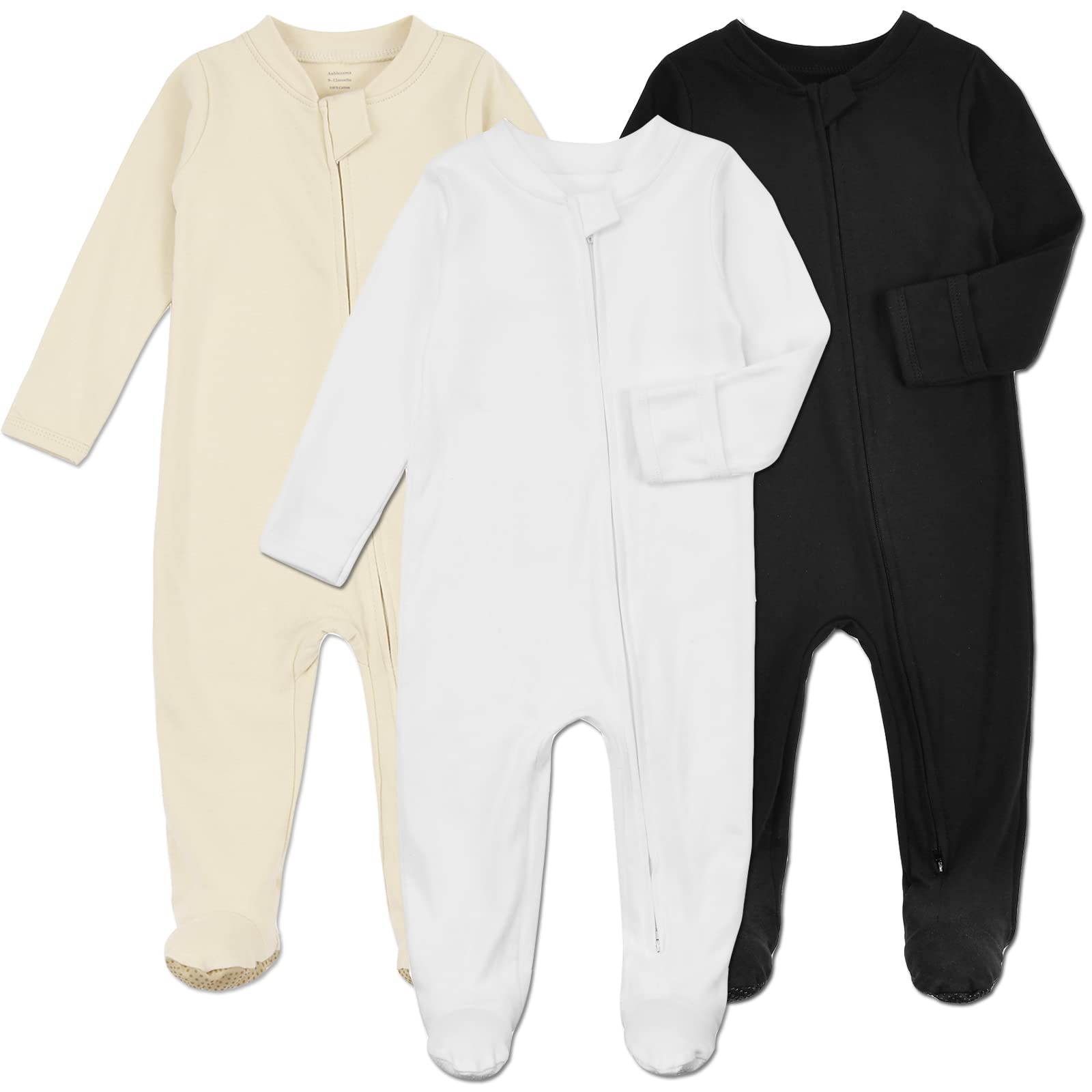 Aablexema Baby Footie Pajamas with Mittens - 3Pcs Infant Footed Sleeper Cotton Sleepwear Outfits(White/Black/Ivory, 0-3M)