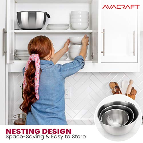 AVACRAFT 18/10 Stainless Steel Mixing Bowls with Lids, non slip silicone base bowls with Handle, Mixing Bowl Set with Pour Spouts & Measurement Marks, Home Essentials Cooking Bowls, (Black)