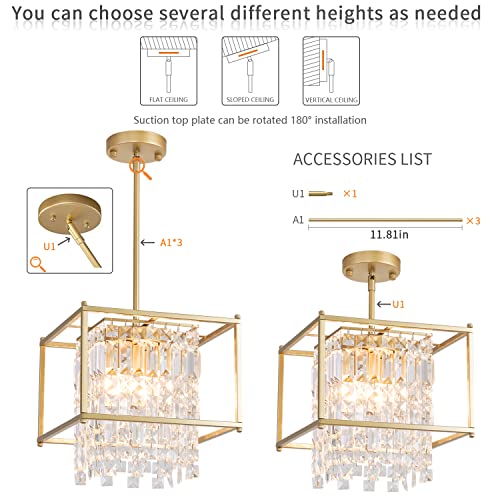 Ejerlya Gold Crystal Chandelier Industrial Pendant Light 11.81 inch Square 4 Lights Modern Vintage Semi Flush Mount Ceiling Light Fixture for Kitchen Island Dining Room Living Room Bedroom