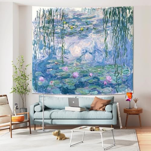 Avinyl Vintage Monet Waterlily Floral Tapestry, Art Tapestry for Bedroom, Blue and Pink Flower Wall Hanging, Abstract Garden Aesthetic Tapestry, 39x51 inches