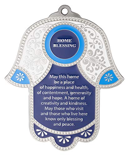 Hamsa Wall Decor Red/Blue Evil Eye Charm Protection Amulet Home/Business Good Luck Charms in English/Hebrew Blessings (Blue/White, English Blessing)