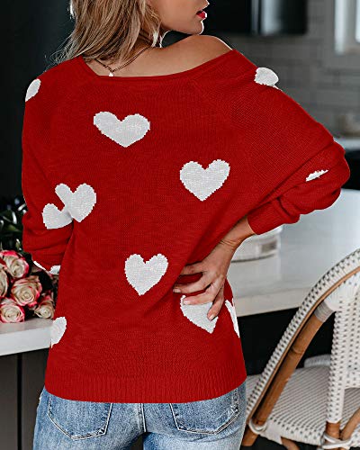Sherrylily Womens Lightweight Pullover Off Shoulder Batwing Sleeve Heart Print Sweaters Knit Shirts Slounchy Tops Red