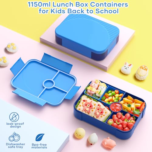 HOMETALL Bento Box for Kids - Leakproof Bento Lunch Box with 6 Compartments Portions Lunchbox for Kids Ages 3 to 7 Back to School, BPA-Free Reusable On-the-Go Meal and Snack Packing Containers, Blue