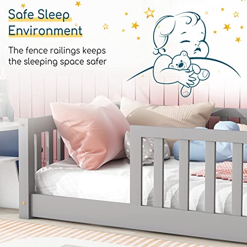Tatub Twin Floor Bed for Kids with Safety Guardrails and Door and Slats, Wood Kids Montessori Floor Bed Frame for Girls and Boys, Twin-White Without Door