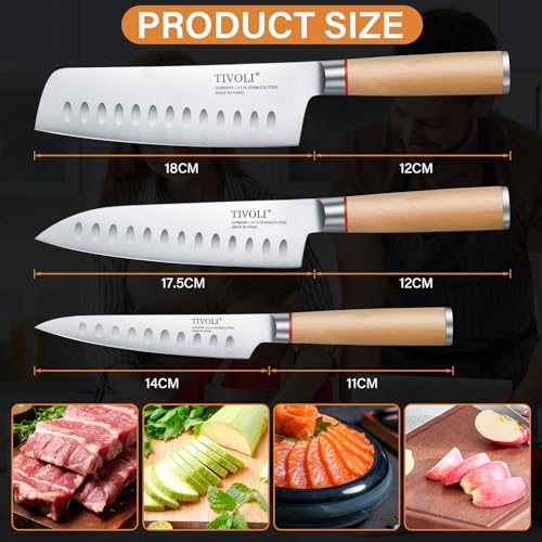 TIVOLI Chef Knife Set Professional Kitchen Knife Set 3PC Stainless Steel Japanese Knife Set with Gift Box Cooking Knife Set with Ultra Sharp Blade & Wooden Handle(Nakiri Knife,Chef Knife,Paring Knife)