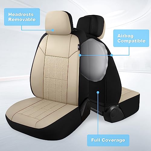 VarCozy Faux Leather Car Seat Covers Front Pair, Universal Front Seat Covers for Car, Breathable Seat Covers for SUV, Sedan, Van, Premium Automotive Interior Covers, Airbag Compatible, Beige