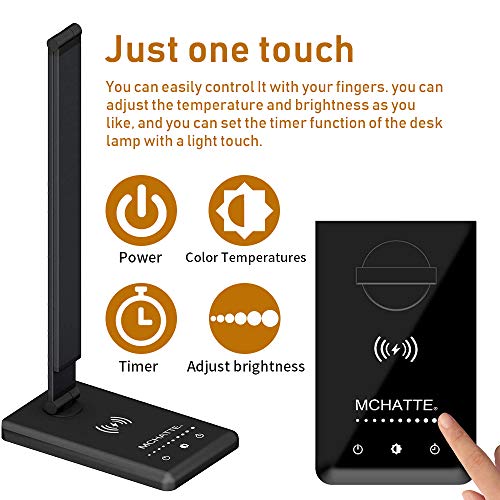 MCHATTE LED Desk Lamp with USB Charging Port, Dimmable Eye-Caring Table Lamps with Wireless Charger, 5 Brightness Levels & 5 Lighting Modes, Touch Control, Auto Timer