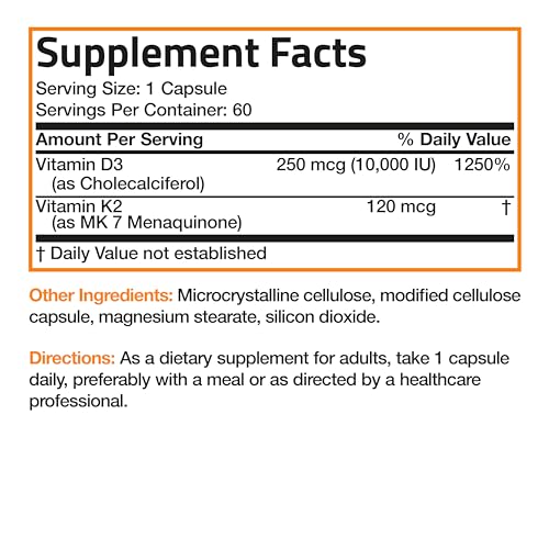 Bronson Vitamin K2 (MK7) with D3 Extra Strength Supplement Bone Health Non-GMO Formula 10,000 IU & 120 mcg MK-7 Easy to Swallow D K, 60 Capsules