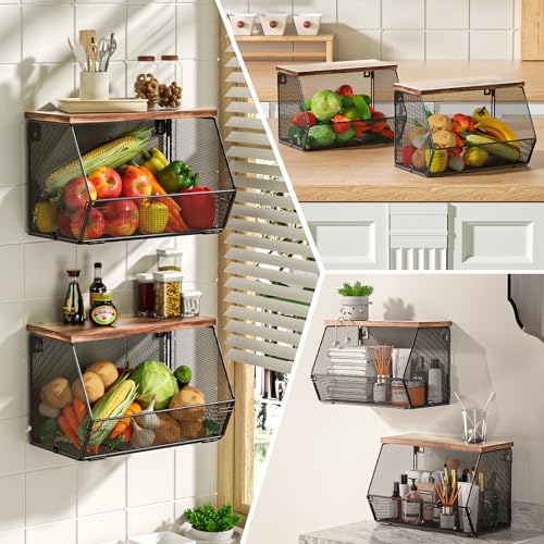 Stackable Fruit Basket Wire Baskets with Wood Lid, Wall Mounted Produce Basket for Fruit and Vegetable Storage, Countertop Onion and Potato Storage, Litwaro 7.1"W & 11.1"W Kitchen Counter Organizer