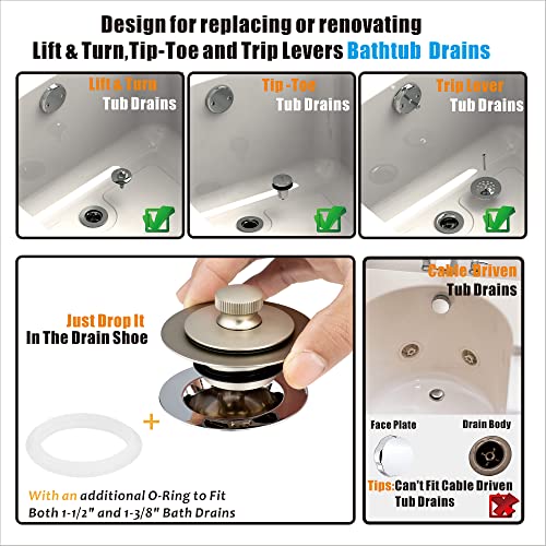 Artiwell Universal Lift and Turn Bath Drain Stopper and Cover, Bathtub Drain Stopper, Replaces lift and turn, Tip-Toe and Trip Lever drains for Tub, EZ Installation and Clearing (BRUSHED NICKEL)