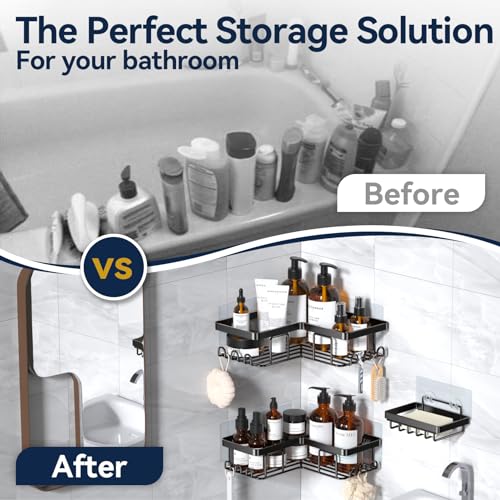 YASONIC Corner Adhesive Shower Caddy, with Soap Holder and 12 Hooks, Rustproof Stainless Steel Bathroom Organizer, No Drilling Wall Mounted Rack, Black, 3-Pack