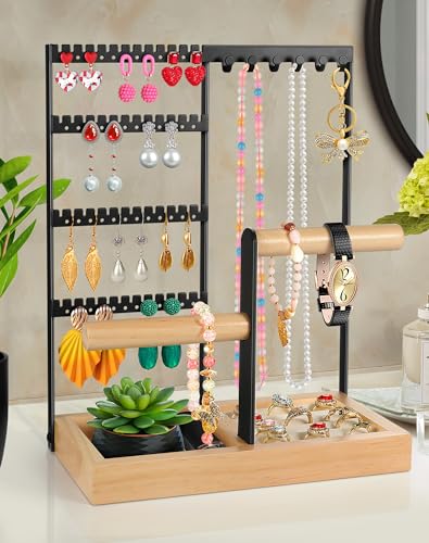 Godboat Jewelry Holder Organizer, 4-Tier Earring Holder with 48 Holes, 6 Hooks Necklace Holder, Removable Bracelet Holder, Gifts for Women, Mom, Mother's Day, Cool Preppy Stuff and Room Decor, Black