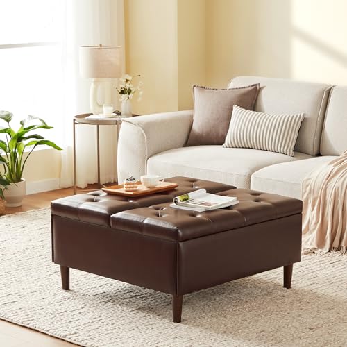 Weture 35 Inch Extra Large Storage Ottoman Coffee Table with Lift Top, Oversized Square Ottoman with Storage, Tufted Upholstered Ottoman Coffee Tables for Living Room (Fabric, Beige)
