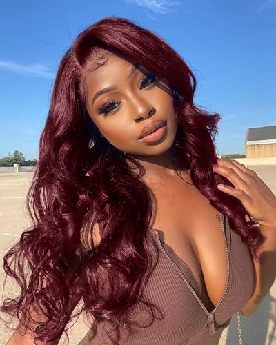 Gemlong 34 inch 99j Burgundy Lace Front Wigs Human Hair 13x4 HD Lace Front Wigs Human Hair 200 Density Burgundy Wig Human Hair for Black Women Body Wavy Human Hair 12A Glueless Brazilian Virgin Hair