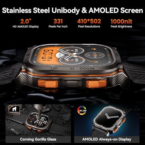 AMAZTIM Military Smart Watch with GPS, 6 Satellite Positioning/Compass, Stainless Steel Body, 50M Waterproof, 60 Days Extra-Long Battery, Answer/Make Call, 2" AMOLED Screen, Compatible for Android iOS