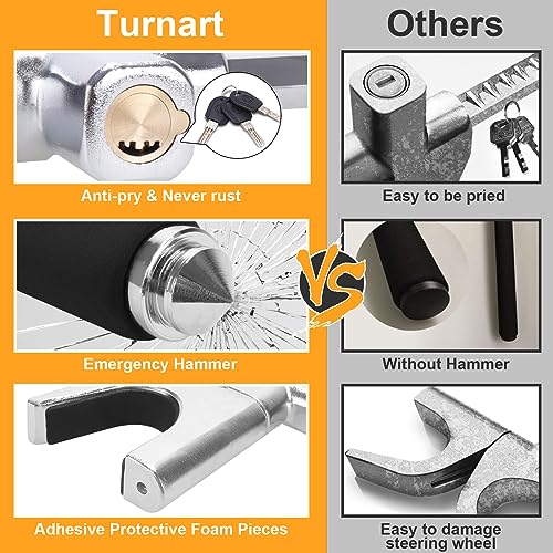 Turnart Steering Wheel Lock Universal Car Lock Anti-Theft Device Retractable Steering Lock with 3 Keys for Auto/Truck/SUV/Van (Black)