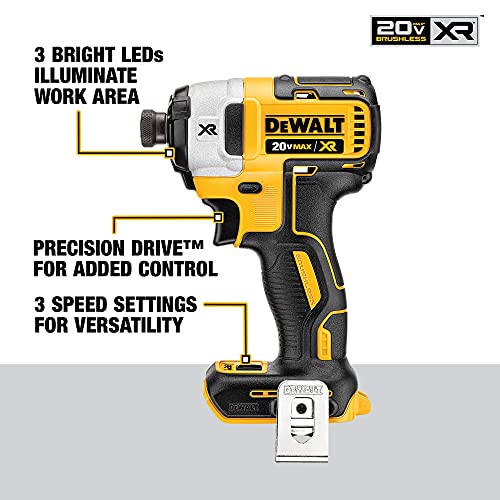 DEWALT 20V MAX XR Impact Driver, Brushless, 3-Speed, 1/4-Inch, Tool Only (DCF887B)