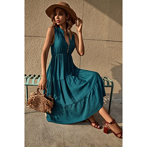 BROVAVE Womens 2025 Summer Sleeveless Shirt Dress Collar Striped V Neck Casual Midi Dresses(Dark Green, S)
