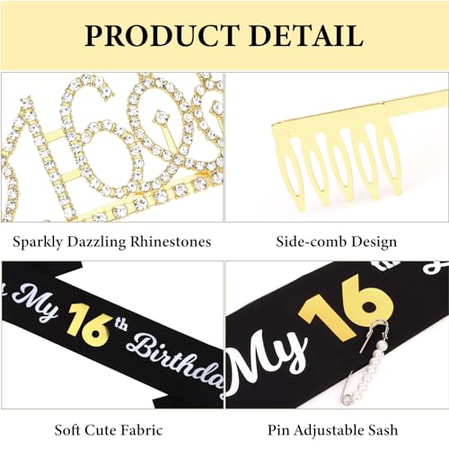 CAVETEE Gold 16th Birthday Sash and Tiara, 16th Birthday Crown and It's My 16th Birthday Sash for Girls Kit Birthday Decoration 16th Birthday Party Gifts