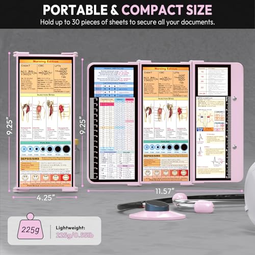 Nursing Clipboard Foldable, Foldable Clipboard w/Nursing Edition Medical Charts,3 Layers Aluminum, Nurse Clipboard w/Low Profile Clip&Pen Clip for Students, Nurses and Doctors, Baby Pink