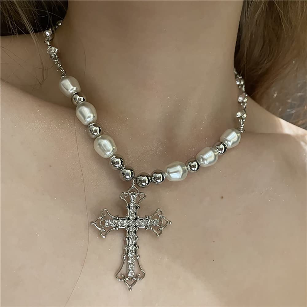 YRlilicc Vintage Gothic Shiny Rhinestone Cross Long Pendant Necklace Punk Pearl Beaded Choker Necklace Dainty Jewelry for Women