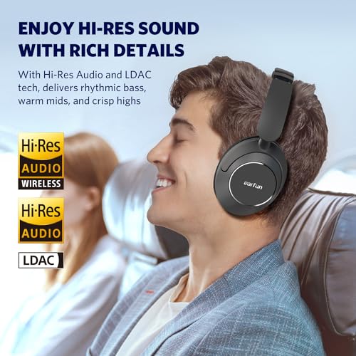 EarFun Wave Pro Active Noise Canceling Headphones, Wireless Over Ear Bluetooth Headphones, LDAC Hi-Res Sound, 5 Mics AI Clear Call, 80H Playtime, Multipoint Connection, Comfort Fit, Custom EQ via App