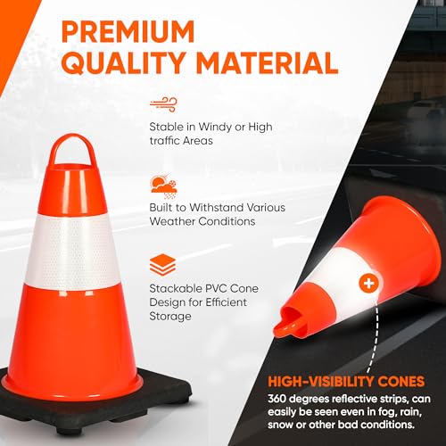 Pyle 6-Pack Traffic Safety Cones 12" inch High Visibility, Reflective Collars, PVC Durable Construction Orange Cones, for Traffic, Home, Parking, Road Safety, Driveway