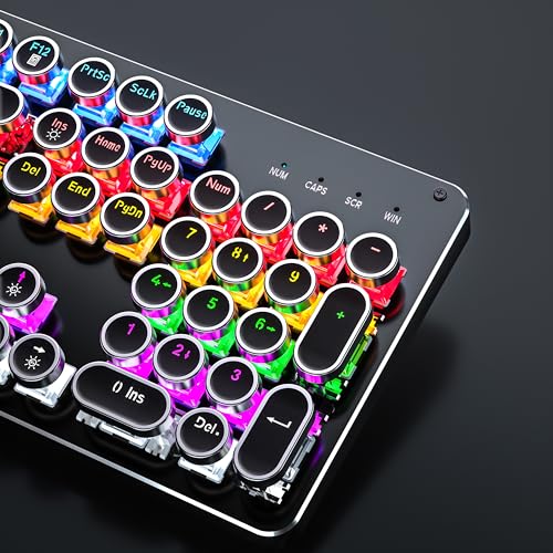 Typewriter Mechanical Gaming Keyboard and Mouse, Metal Panel Retro Keyboard with Round Keycap Blue Switch, RGB Backlit 104 Keys Anti-Ghost Wired Keyboard Mouse and Pad Combo for PC Laptop Mac Gamer