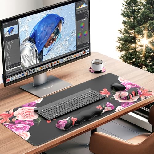 iLeadon Mouse Pad Set, Desk Mat + Mouse Pad with Wrist Rest + Keyboard Wrist Rest + Coaster, 4in1 Large Gaming Mouse Pad Set for Home Office, Heart Purple