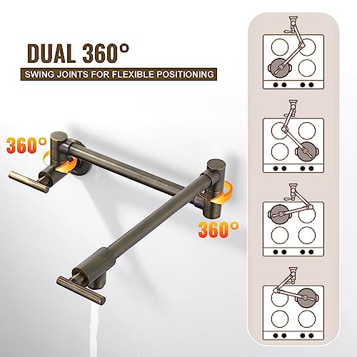 WOWOW Pot Filler Faucet Antique Bronze Commercial Wall Mount Stove Faucet, Brass Pot Filler Folding Faucet Over Stove, Kitchen Pot Faucet with Double Joint Swing Arms