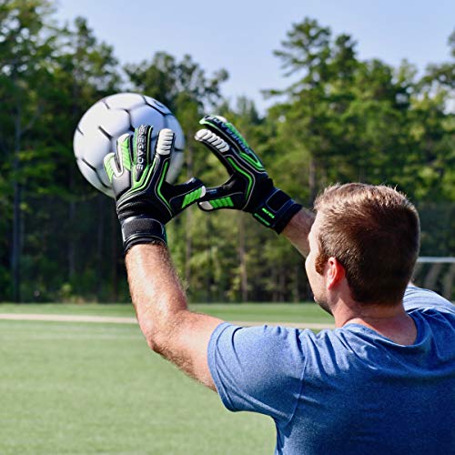 Renegade GK Vulcan Abyss Goalie Gloves with Pro-Tek Fingersaves | 3.5+3mm Hyper Grip & 4mm Duratek | Black & Green Soccer Goalkeeper Gloves (Size 6, Youth, Kids, Roll Cut, Level 3)