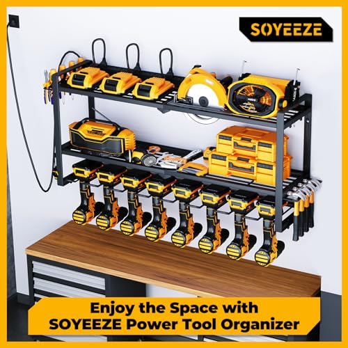 SOYEEZE Tool Organizer, 8- Drill Holder Wall Mount Built in 8 Outlet Power Strip, Power Tool Organizer with Charging Station, Cordless Drill Battery Heavy Duty Metal Rack, Garage Tool Storage Shelves