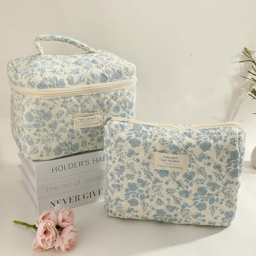 LYDZTION 2PCS Floral Quilted Makeup Bag Set for Women,Cosmetic Bag Coquette Travel Makeup Bag Pouch Cute Cotton Aesthetic Makeup Organizer Bag Large Travel Essentials for Women-Floral