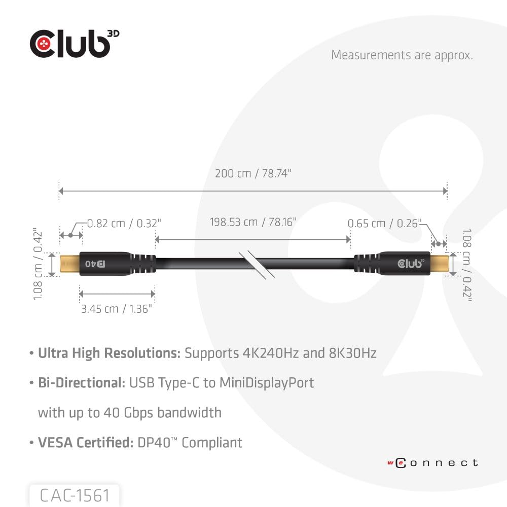 Club 3D CAC-1561 USB Type C Cable to Mini DP 2.1 Bi-Directional VESA DP40 Certified Cable M/M 2m/6.56ft