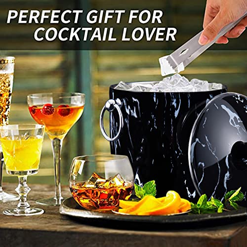 Ice Bucket with Lid, Scoop, Tongs and Strainer - Well Made Insulated Stainless Steel Keep Ice Frozen Longer - Ideal for Cocktail Bar, Parties, Chilling Wine, Champagne - 3 Liter (Black Marble)