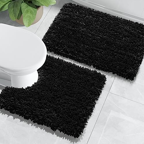 Yimobra Bathroom Rugs Sets 2 Piece, Luxury Shaggy Extra Thick Bathroom Rugs, Plush Non-Slip Mats for Bath Room Floor, Machine Wash, Ultra Absorbent, 44.1 x 24 + 24 x 17 Inches, Light Grey