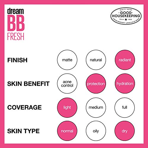 Maybelline Dream Fresh Skin Hydrating BB cream, 8-in-1 Skin Perfecting Beauty Balm with Broad Spectrum SPF 30, Sheer Tint Coverage, Oil-Free, Light, 1 Fl Oz