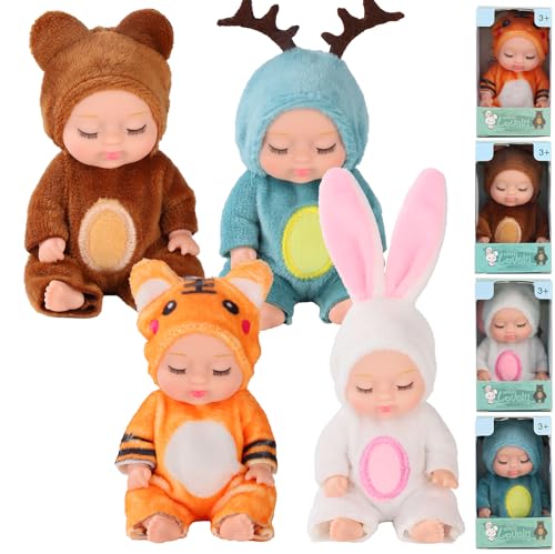 Vueos 4 Pcs 4 Inch Mini Baby Doll Playset Lifelike Reborn Baby Dolls with Cute Animal Clothes Gifts for Girls Boys Birthday Christmas (Lovely Style)