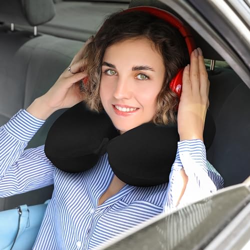 Anmokey Neck Pillow for Airplane Travel, 100% Pure Memory Foam Travel Neck Pillow for Sleeping & Travel Essentials for Neck Rest, Black, Pack with Box