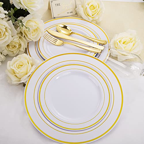 WDF 120 pieces Gold Disposable Plastic Plates - White and Gold Plates Include 10.25" Dinner Plates & 7.5" Salad Plates for Weddings and Party