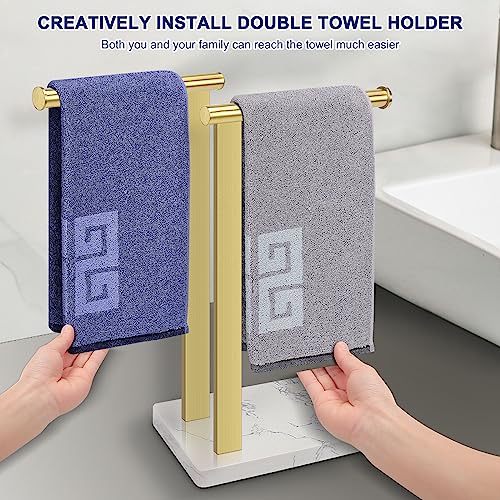 NearMoon Hand Towel Holder with Balanced Marble Base, SUS304 Stainless Steel Stand Towel Ring L Shape Hand Towel Rack Free-Standing Towel Bar for Bathroom Kitchen Countertop (Double Rod, Brushed Gold)