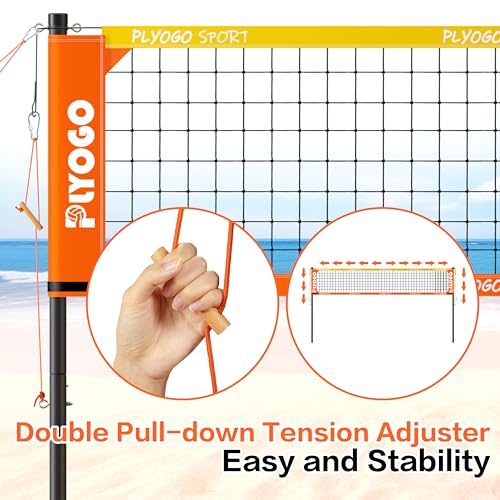 PLYOGO Volleyball Net for Backyard, Professional Portable Outdoor Heavy Duty Volleyball Net Set with Adjustable Aluminum Poles, Anti-Sag Design, Double Tension Adjuster for Beach, Grass |1680D Bag