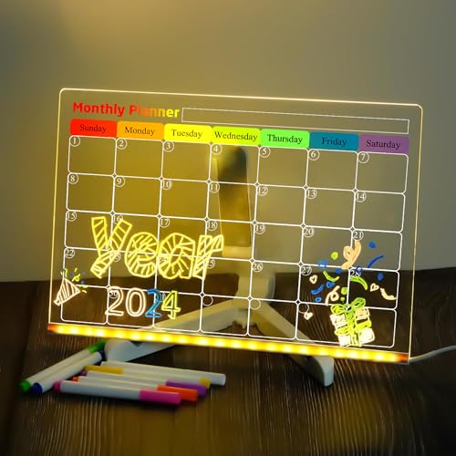 ifreeside Acrylic Dry Erase Board Calendar with Light 11.8 x 7.9inch Acrylic Led Dry Erase Board Dry Erase Calendar Clear Board with Colorful Lights Monthly & Weekly Planner（Monthly Planner）