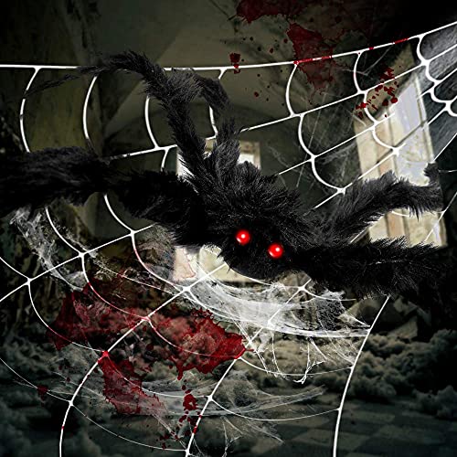EZIGO Halloween Spider Decorations 3PCS Giant Spider Huge Spider Web Stretch Web Component of Huge Spider and Mega Spider Web Halloween Party Supplies Yard Halloween Outdoor Décor Haunted Decoration