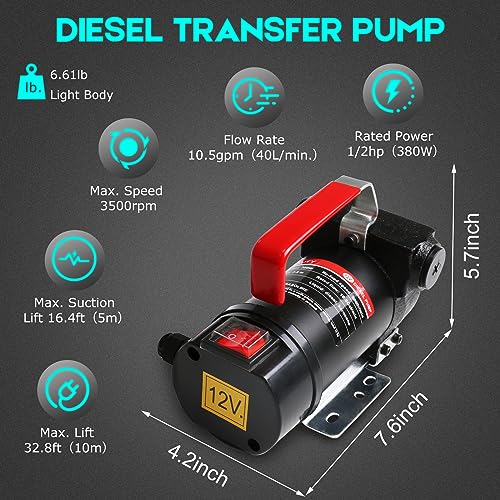 12V DC 10.5GPM Diesel Fuel Transfer Pump Kit with Self-priming Nozzle and Fuel Hose, Portable Suitcase, Efficient Fuel Transfer Made Easy, for Transferring Diesel, Kerosene, Transformer Oil, Etc.