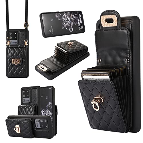 Phone Case for Samsung Galaxy S20 Ultra 5G Wallet Cover with Credit Card Holder Shoulder Crossbody Strap Long Lanyard Leather Cell Accessories S20ultra 20S S 20 A20 S2O 20ultra G5 Women Girls Black