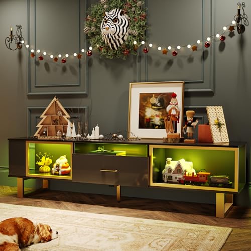 Bestier TV Stand for 65/70/75/80 Inch TV, LED Gaming Entertainment Center with Open Storage and Half-Glass Design Drawer, Modern High Gloss TV Console Table for Living Room, Black and Gold